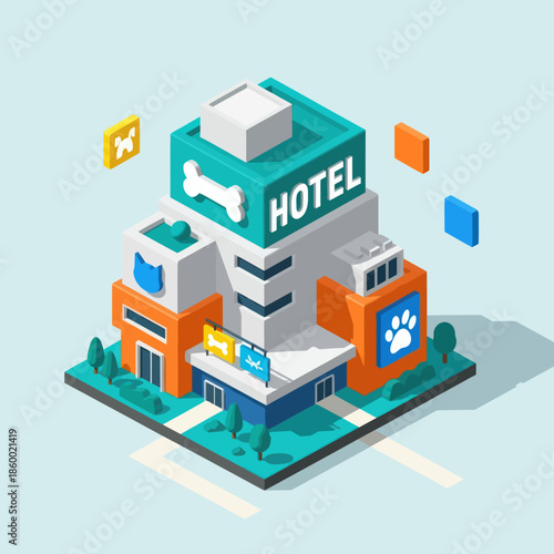 Pet Friendly Hotel Building 3D Illustration.