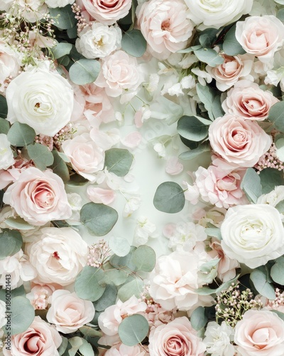 Wallpaper Mural Soft Pink and White Roses with Eucalyptus Leaves - Romantic Floral Flat Lay Background. Torontodigital.ca