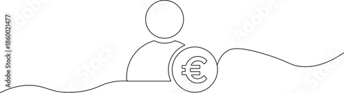 A minimalist line drawing of a person holding a euro coin in a simple, modern style.