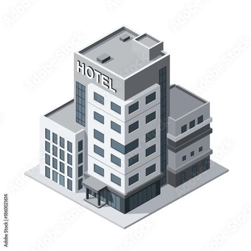 Isometric Hotel Building Model with Gray Facade.