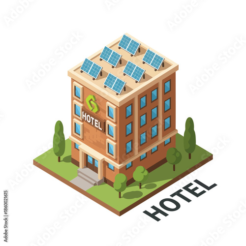 Isometric Hotel Building with Solar Panels.
