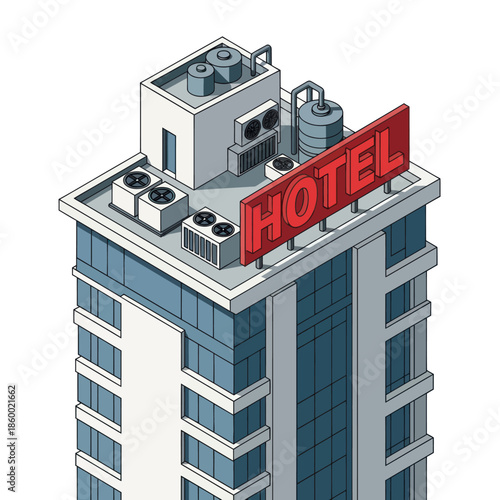 Hotel Building with Red Sign and Equipment.