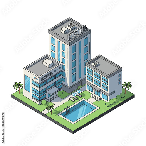 Modern Luxury Hotel Building with Pool.