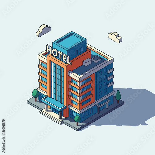 Isometric Hotel Building with Modern Architecture.