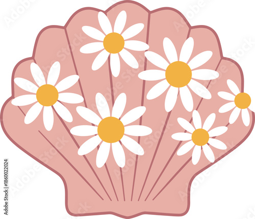 Pink Seashell with White Daisy Flowers Arrangement daisies