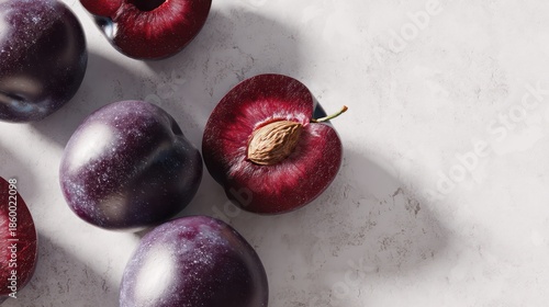 A plum positioned centrally on a pale backdrop, sliced to reveal vibrant stone interior. Shadows fall naturally, enhancing spherical