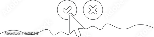 A simple line drawing of a computer mouse cursor hovering over two icons, one with a heart and one with an X.