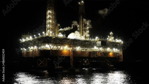 Illuminated offshore oil rig at night with reflections on water.