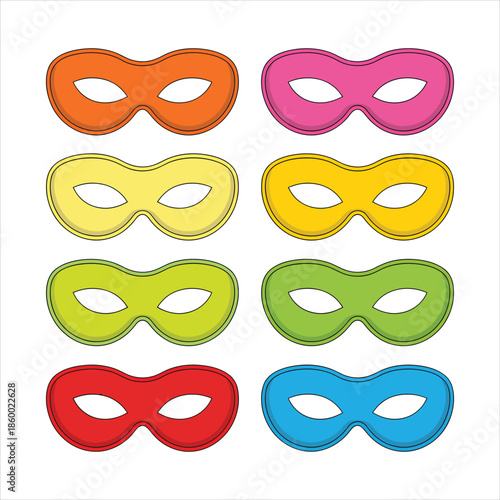 A group of eight brightly colored simple carnival eye masks displayed on a clean white background