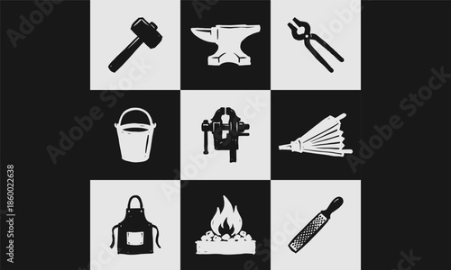 Vector Set of 9 Blacksmith and Forging Tools Icons, hand-drawn Vintage Workshop Equipment Collection