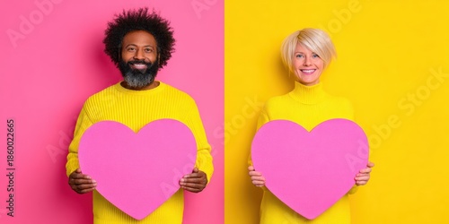 Cheerful man and woman in yellow sweaters hold big pink hearts against a vibrant split pink and yellow background