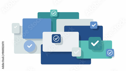 Graphic illustration of overlapping blue and green checkmark boxes on a white background with a flat lay composition.