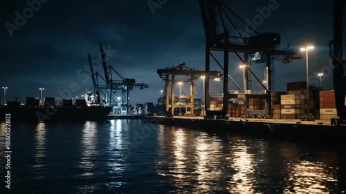 Nighttime view of a busy shipping port with cranes and cargo containers.