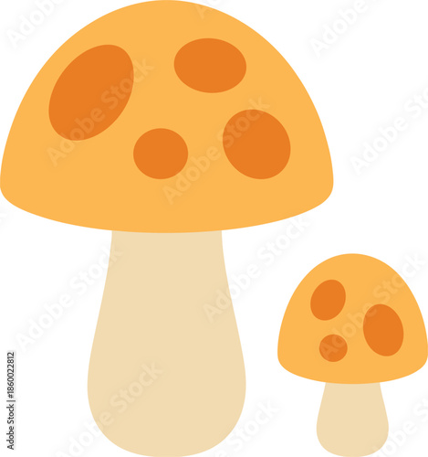 Two Cartoon Orange Mushrooms with Beige Stems on White Background fungus toadstool