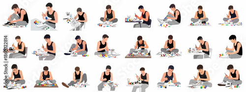 Set of illustrations showing a young man hand-painting and customizing canvas sneakers, pursuing shoe artistry and DIY fashion design.