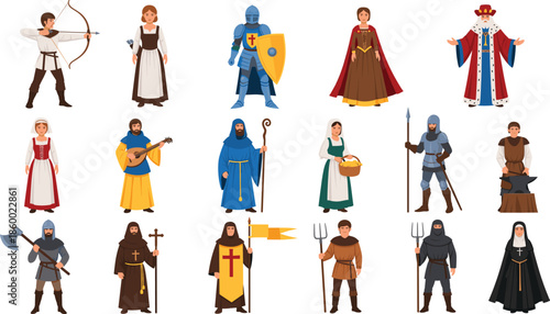 Medieval character vector set featuring king knight archer monk peasant blacksmith and royal people isolated on white background for historical story design.
