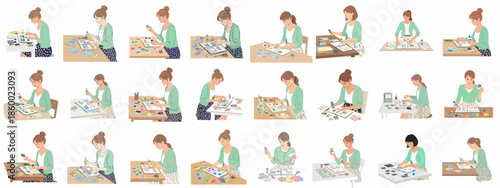 Collection of illustrations showing a young woman enjoying the hobby of scrapbooking, crafting a personalized memory photo album with photos, glue, and decorative supplies.