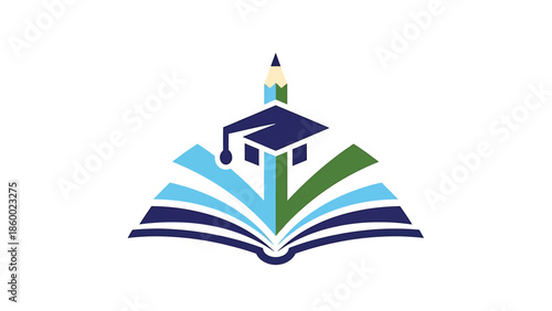Education logo design featuring an open book, graduation cap, and pencil, representing learning and knowledge.