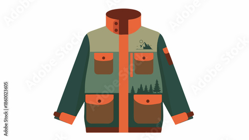 Vector illustration of a green and orange jacket with multiple pockets on a white background.