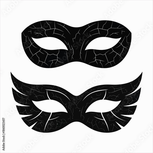 Two mysterious black masquerade masks with cracked textures, featuring classic and winged eye mask designs