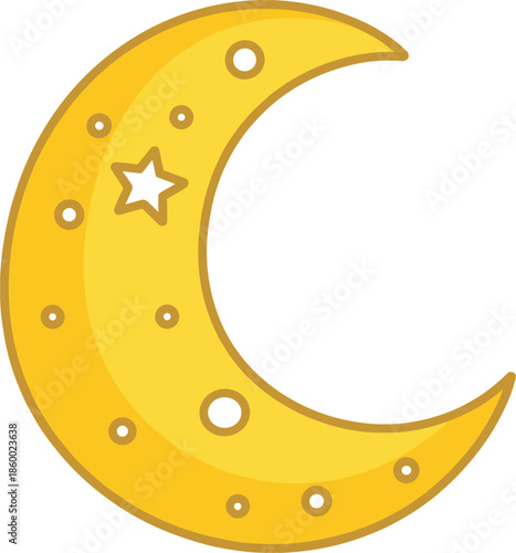 Yellow Crescent Moon with Star and Dots Illustration night