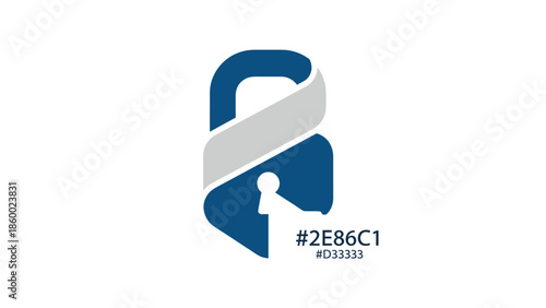 Elegant blue lock logo design with a stylish silver ribbon, security concept.