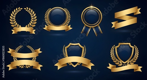 Golden Award Ribbons and Badges on Dark Blue Background