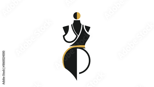 Elegant fashion design logo featuring a stylized dress form in black and gold.