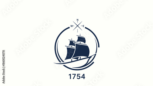 Elegant nautical emblem featuring a sailing ship, compass, and the year 1754, perfect for maritime themes.