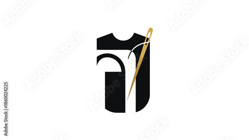 Elegant Tailoring Logo - Black T-Shirt Silhouette with Golden Needle.