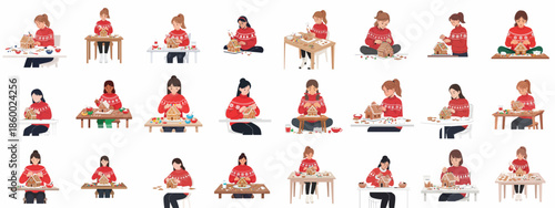 Set of illustrations featuring women decorating festive gingerbread houses, a traditional Christmas holiday baking and crafting activity.