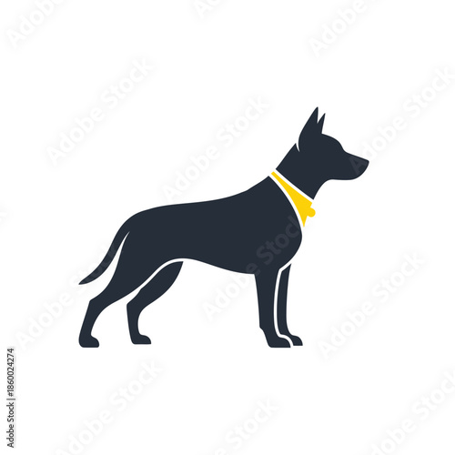 Elegant silhouette of a black dog with a yellow collar, standing proudly.