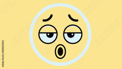 Exhausted emoji with open mouth and droopy eyes on yellow background.