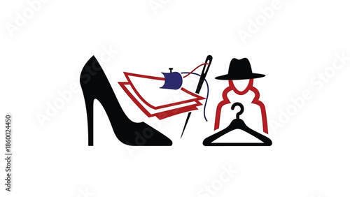 Fashion and design elements including a high heel shoe, sewing, and a person with a hat.