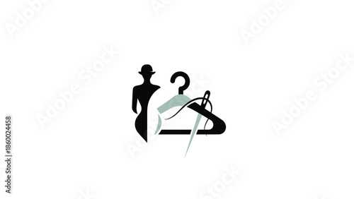 Fashion design logo featuring a mannequin, hanger, and needle, representing tailoring.