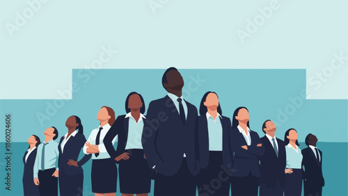 Diverse group of business professionals standing together looking up.
