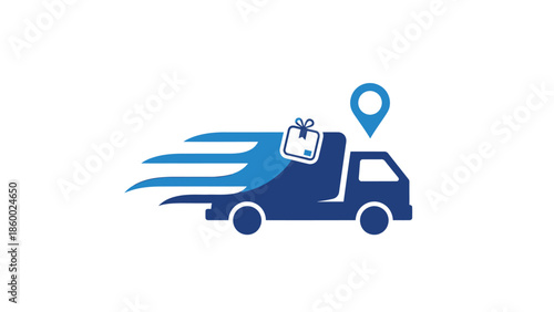 Fast delivery truck with a location marker, shipping and logistics concept.