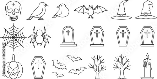Black and White Halloween Icons Featuring Skulls, Bats, Coffins, Witch Hats, Spider Webs, Trees, Pumpkin, Candle, and Gravestone Elements