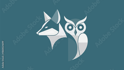Fox and owl logo design, modern geometric animal illustration, wildlife concept.