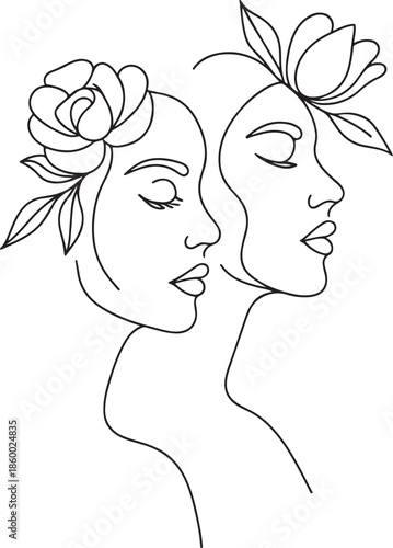 PrintMinimalist line art illustration of two women in profile with flowers