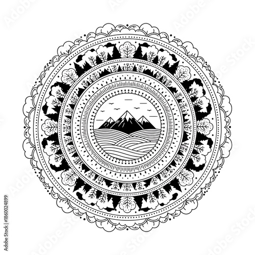 Intricate Mandala Art with Mountain and Nature Motifs.