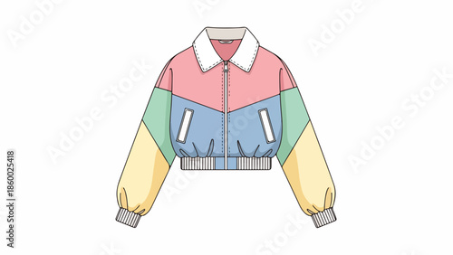 Colorful illustration of a cropped jacket with a white collar and cuffs, featuring a pastel pink, blue, green, and yellow color-blocked design on a plain white background.