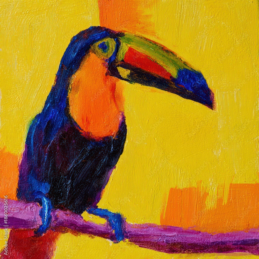 Fototapeta premium Colorful painting of a toucan bird perched on a branch
