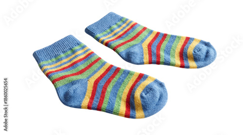 Pair of colorful striped knitted baby socks featuring bright blue cuff and heel sections on transparent background