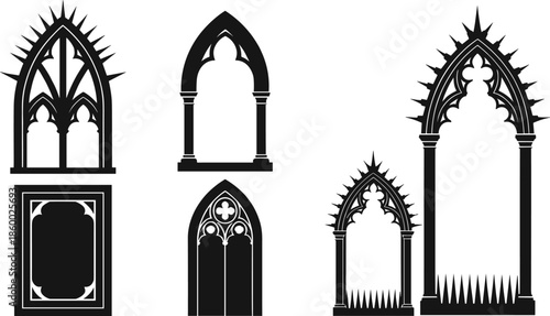 Black Gothic Window Silhouettes Featuring Pointed Arches and Ornamental Tracery for Architecture, Medieval, and Vector Design Use