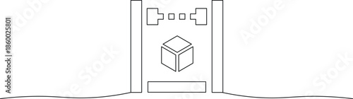 A simple line drawing of a cube in a rectangular doorway with geometric shapes