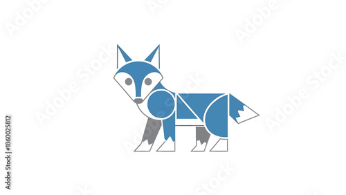 Geometric blue fox illustration on a white background, modern art design.