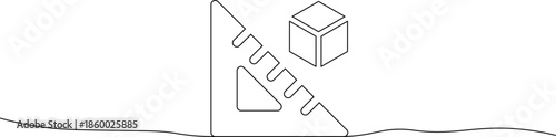 A simple line drawing of a cube and a ruler with a triangle on a flat surface