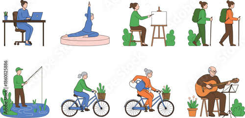 Senior people lifestyle vector set with elderly characters practicing yoga painting hiking fishing cycling and playing guitar isolated on a white background.