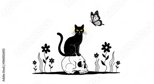Black Cat Sitting on Skull with Flowers and Butterfly